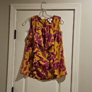 LOFT Red and Gold Ruffled Sleeveless Blouse